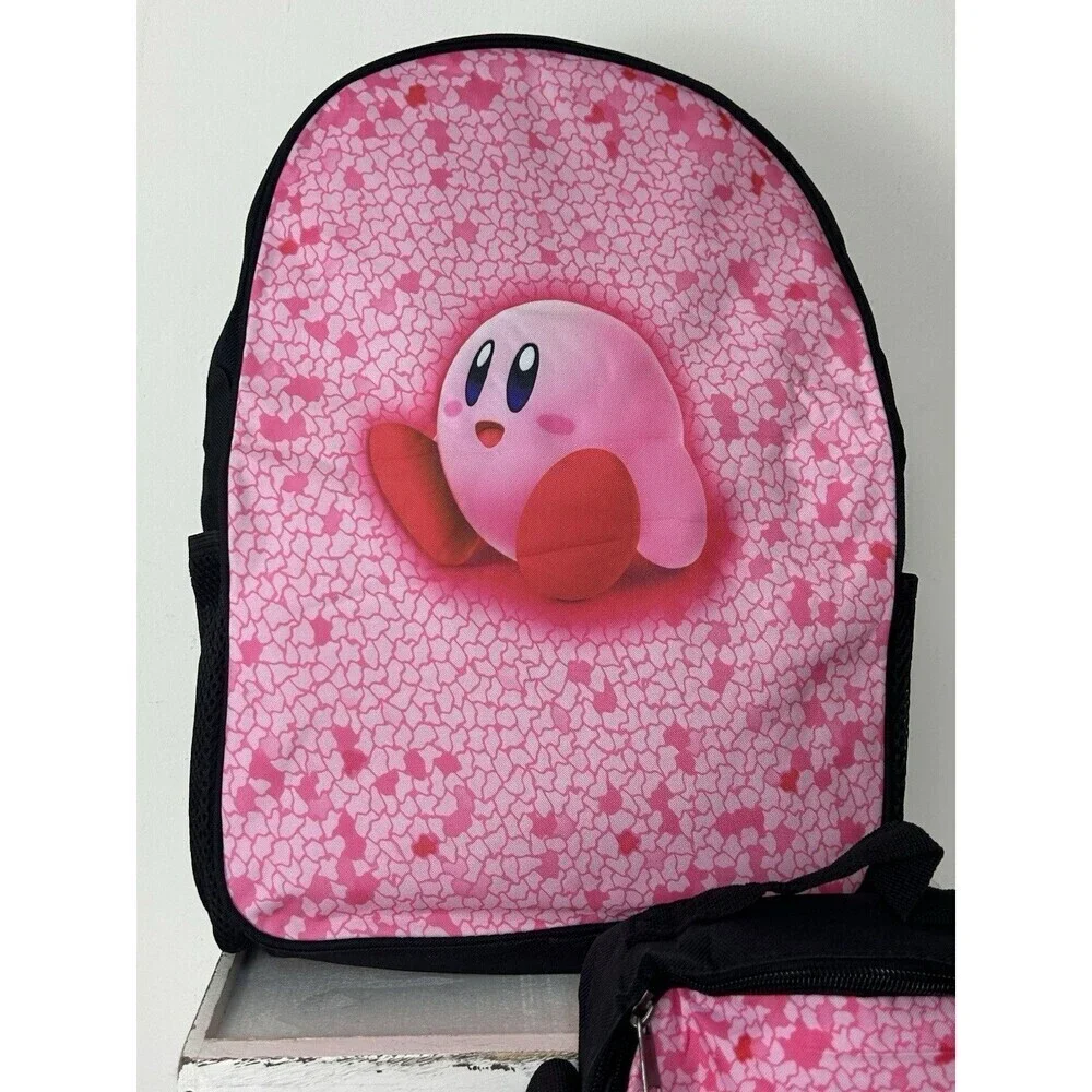 Kirby Cartoon Game Student School Backpack 3pc Set Insulated Lunch Bag Pen Bag
